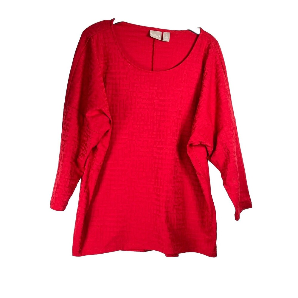 chicos 2 L Cardinal Red Basket Woven Top 3/4 Sleeve